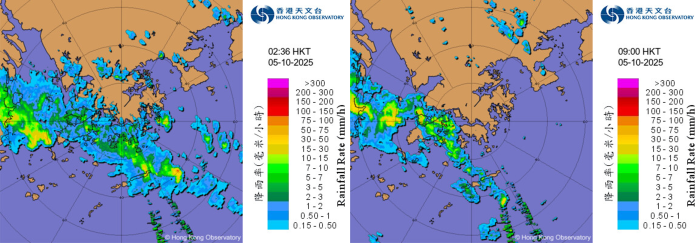 香港時間10月5日上午2時36分（左）及9時00分（右）的雷達圖像。