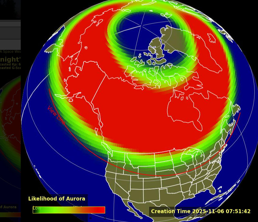 NASA對11月7至8日的極光活動評估,橙紅色代表極光出現機會較高的區域
