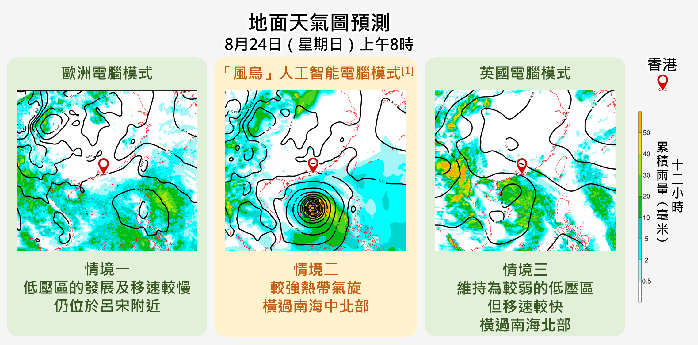 電腦預報模式對位於關島東南面的低壓區的發展及移動仍存在分歧