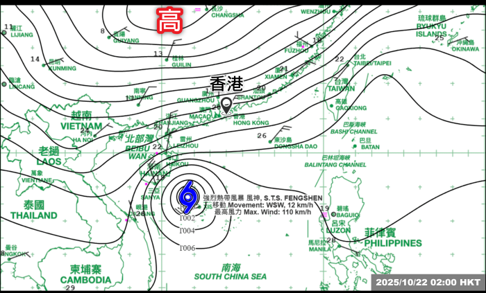 10月22日凌晨2時的天氣圖顯示華南沿岸的氣壓等壓線仍然緊密，代表該區的氣壓差大。