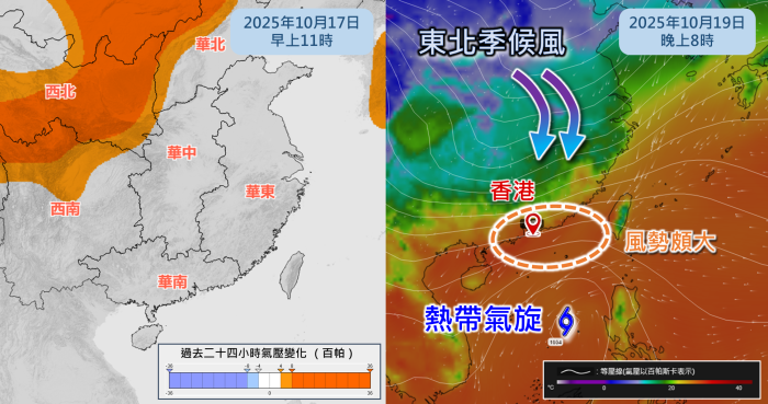 （左）本港時間10月17日上午11時的氣壓對比二十四小時前的變化。（右）歐洲人工智能電腦模式 AIFS 1顯示華南沿岸受東北季候風及熱帶氣旋的共同影響