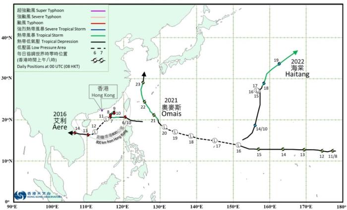 2016年艾利、2021年奧麥斯及2022年海棠的路徑圖。