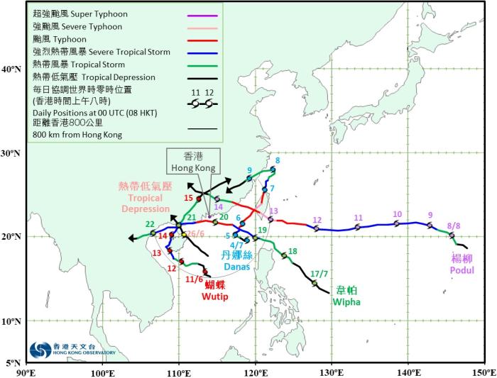 2025年（截至8月15日）影響香港的熱帶氣旋暫定路徑