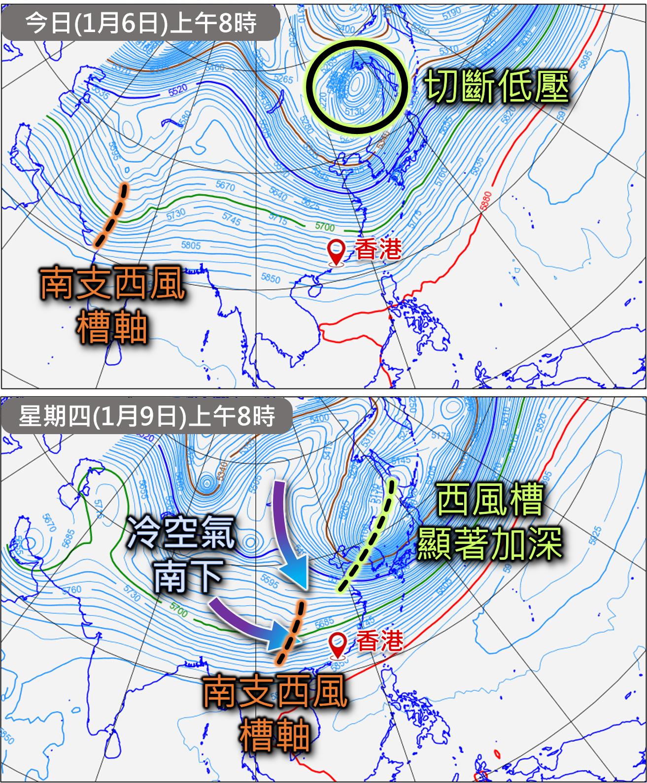歐洲中期預報中心對於500百帕（即高空約5至6公里）位勢高度的預報