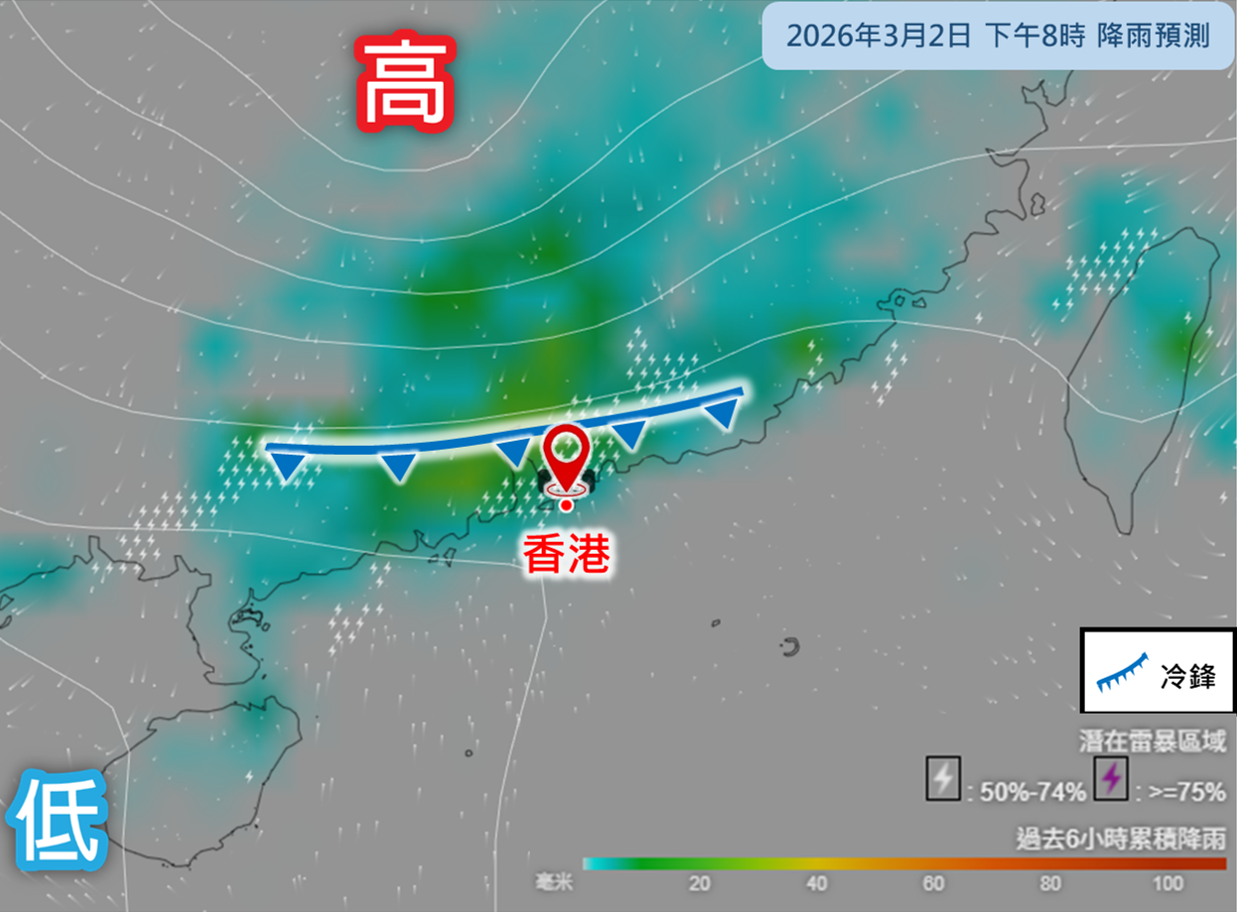 冷鋒會在今日黃昏至星期二初時橫過華南沿岸,其前沿會有雨區發展。