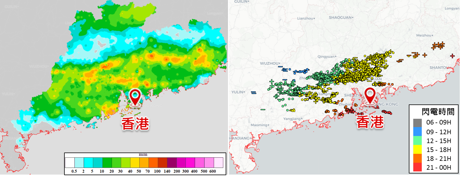 廣東地區星期一(3月2日)的日雨量(左)及閃電分佈(右)。