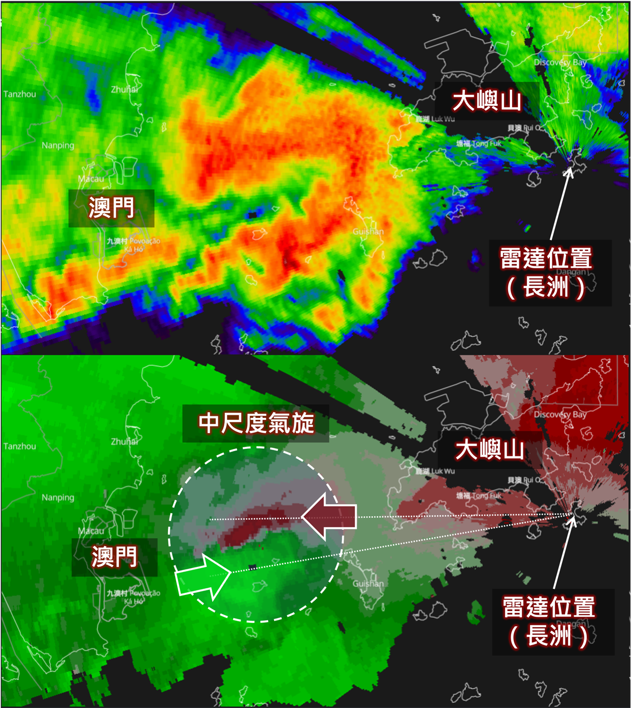 3月2日下午7時50分的C波段天氣雷達圖像。(上)反射率:橙色與黃色表示雨勢較大區域;(下)徑向風速:偏紅色表示吹離雷達位置,偏綠色表示吹向雷達位置。中尺度氣旋的偶極結構呈現為紅、綠色相鄰出現的區域。
