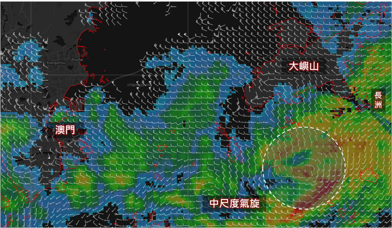 2026年3月2日下午8時42分,基於多普勒雷達風速數據的低空風場分析。圖中白色風羽符號標示海拔1公里高的風場,背景為雷達反射率。虛線圈範圍中可見中尺度氣旋的氣旋性環流。