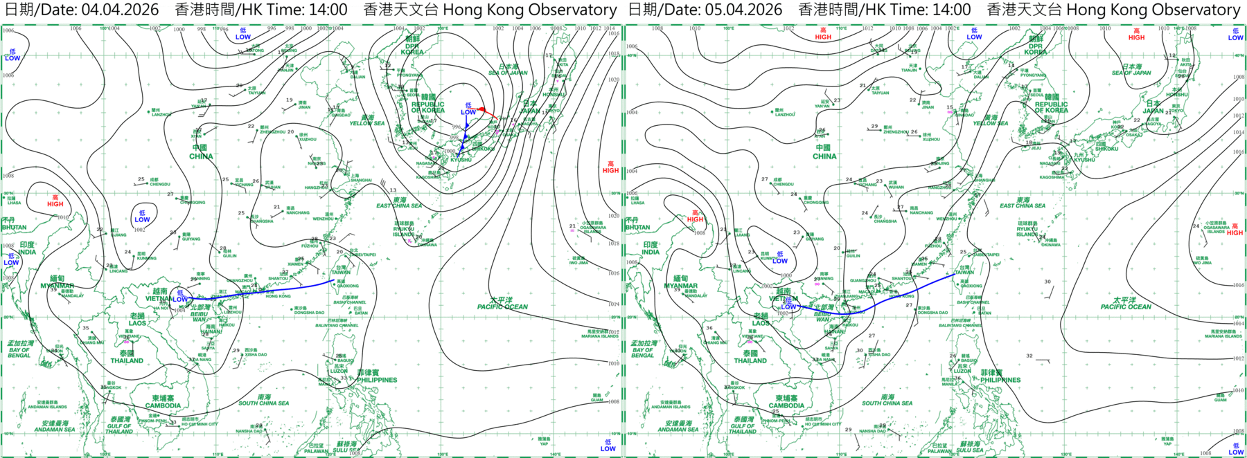 （左）4月4日及（右）4月5日下午2時的地面天氣圖顯示低壓槽持續影響廣東沿岸及南海北部。
