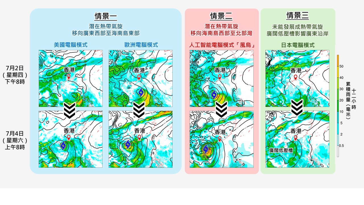 電腦模式對於本週中後期低壓區發展的預測結果。