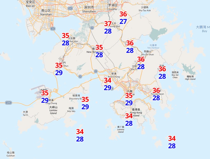 自動分區天氣預報顯示星期五各區最高氣溫可達35度或以上。