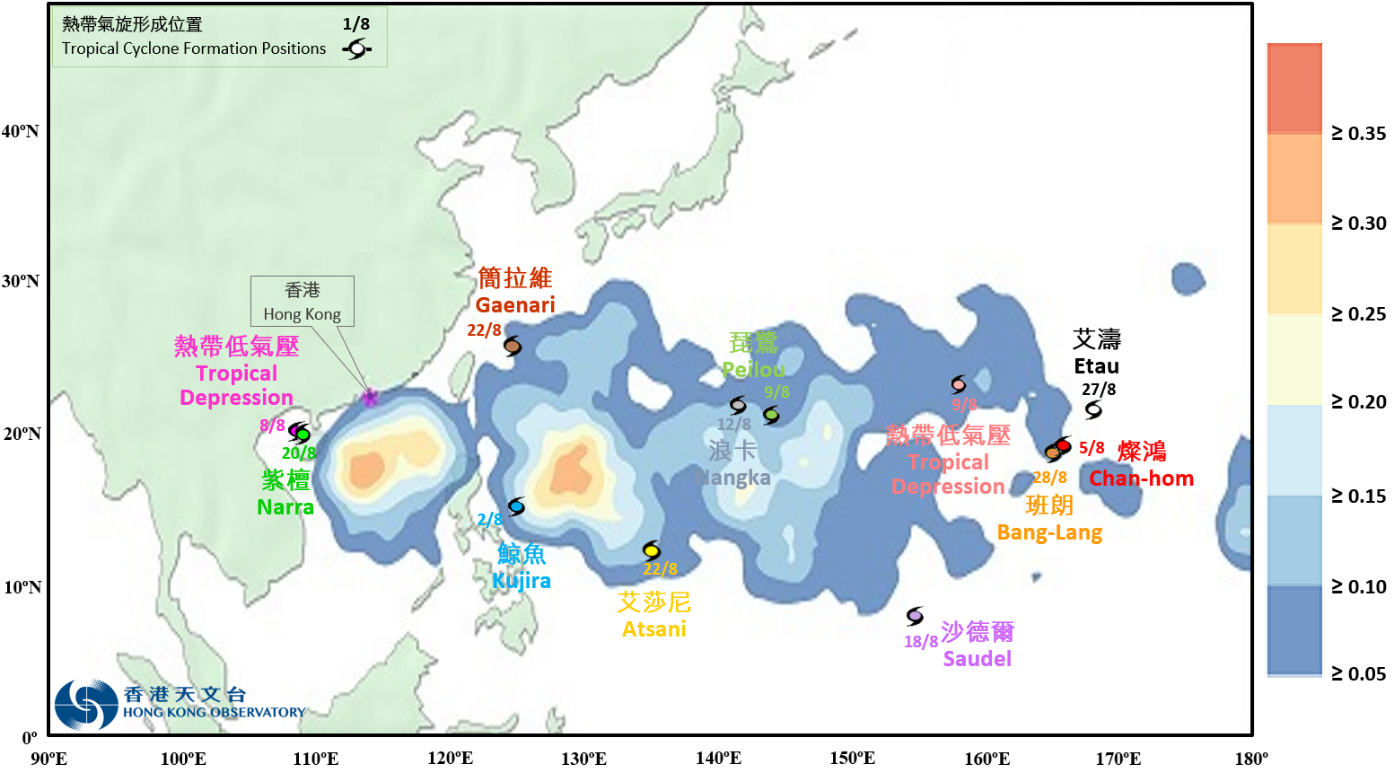 2026年8月西北太平洋和南海的熱帶氣旋生成位置。陰影顏色表示8 月熱帶氣旋生成長期平均數目的分佈