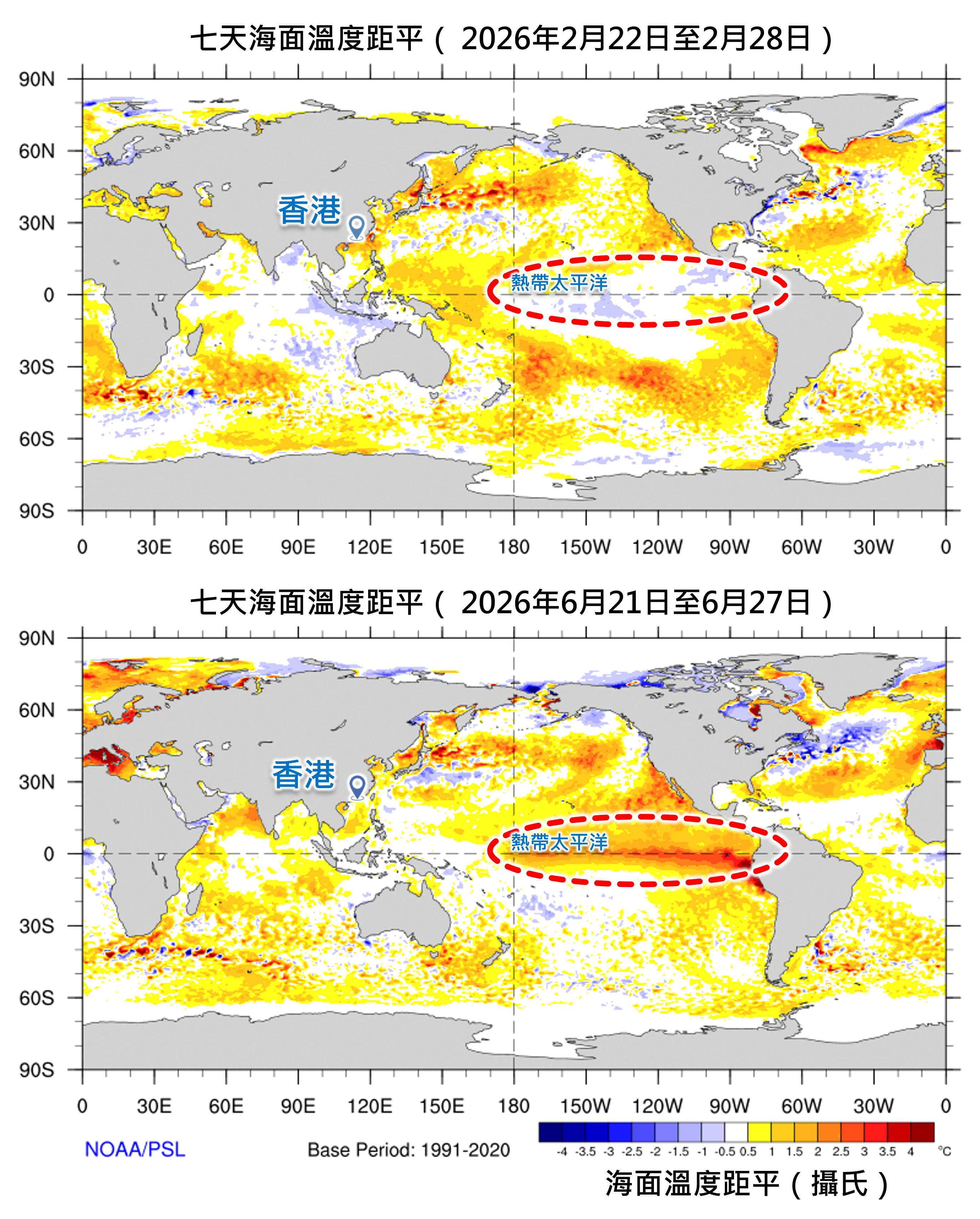 比較2月下旬與6月下旬的七天海面溫度距平圖