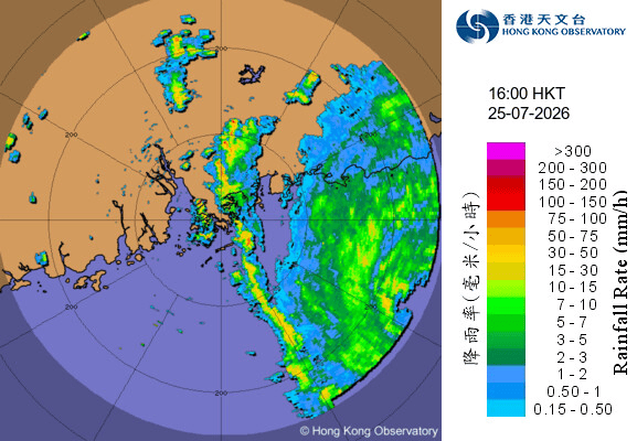 7月25日下午4時至7月26日上午9時的雷達圖像。紅霞逐步靠近廣東東部沿岸時增強為強颱風，其結構緊密、對稱。紅霞隨後於惠州市惠東縣（香港天文台之東北偏東約80公里）登陸並逐漸減弱。