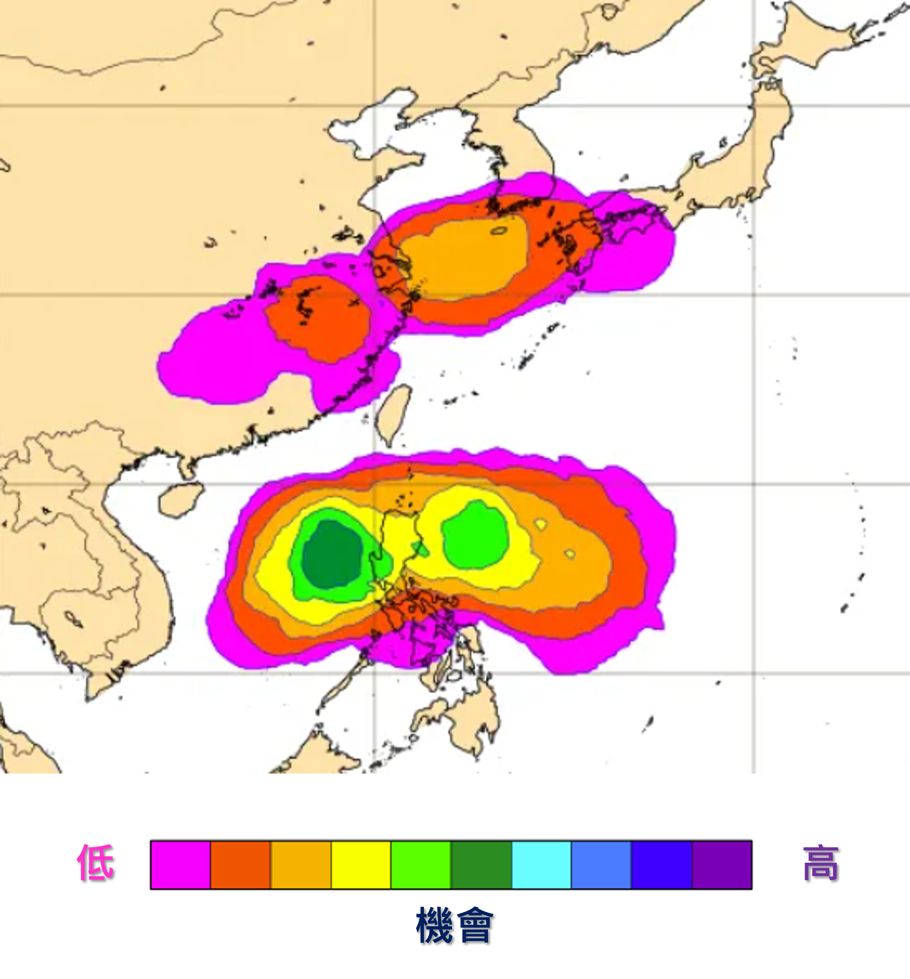 歐洲中期天氣預報中心預測下週二(6月10日)的熱帶氣旋出現概率預報圖。