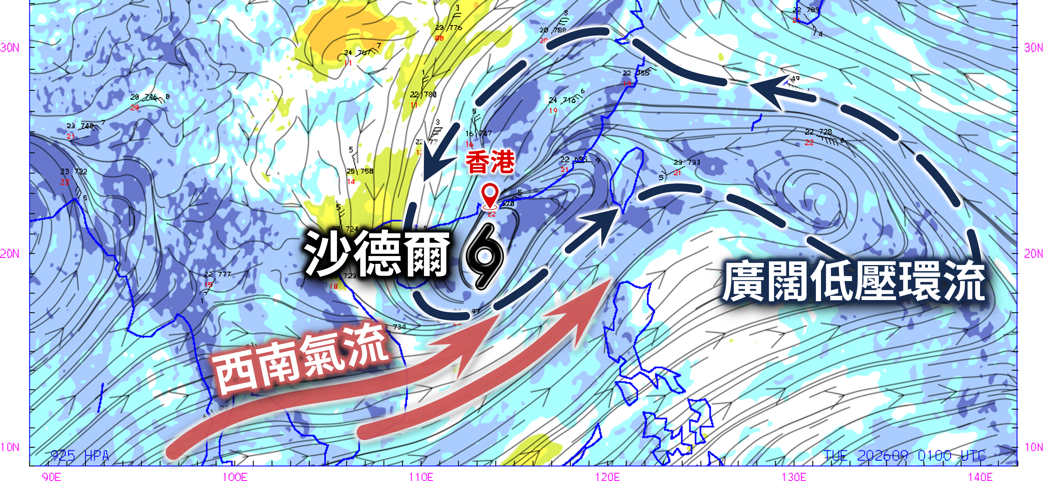 香港時間9月1日早上8時的925百帕斯卡(約1000米高空)風場及水汽分析圖