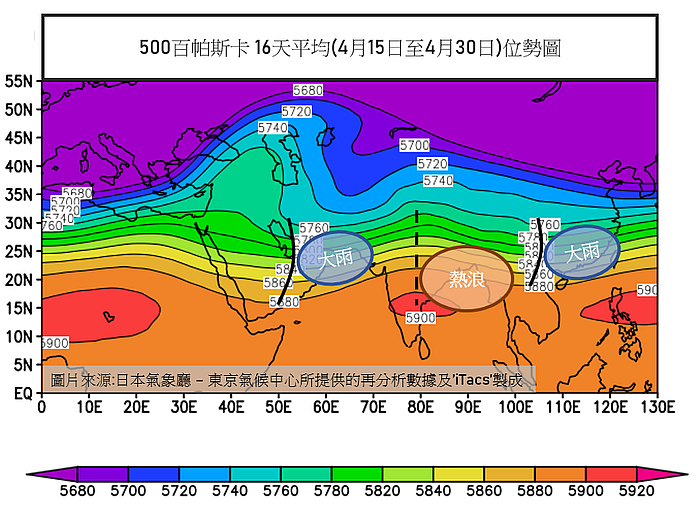圖一 500百帕斯卡16天平均（4月15日至4月30日）位勢圖，其中黑色粗線為槽線，黑色虛線為脊線。
