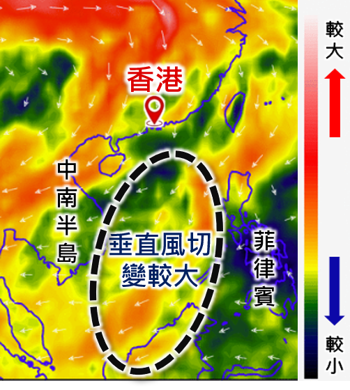 圖三 歐洲電腦模式預測星期五（6月28日）下午8時南海垂直風切變較大
