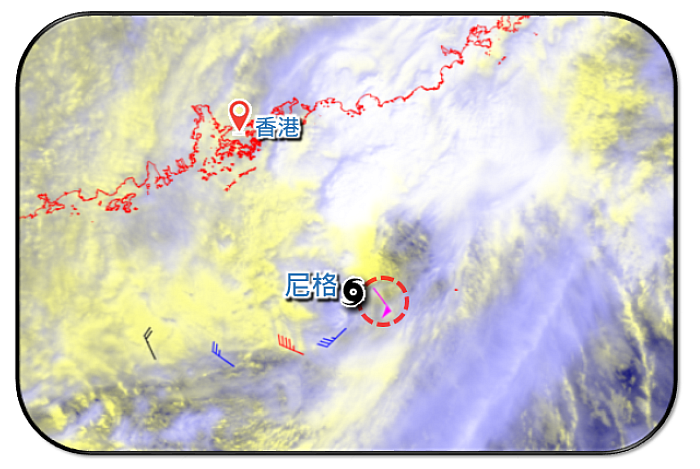11月2 日早上約8時的下投式探空資料顯示尼格中心東側測得暴風(紅圈標示)