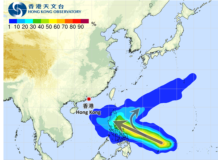 圖四 4月9日的熱帶氣旋路徑概率預測。部分電腦模式預測該低壓系統有機會進入南海，但個別模式預測該系統會在進入菲律賓前轉向。
