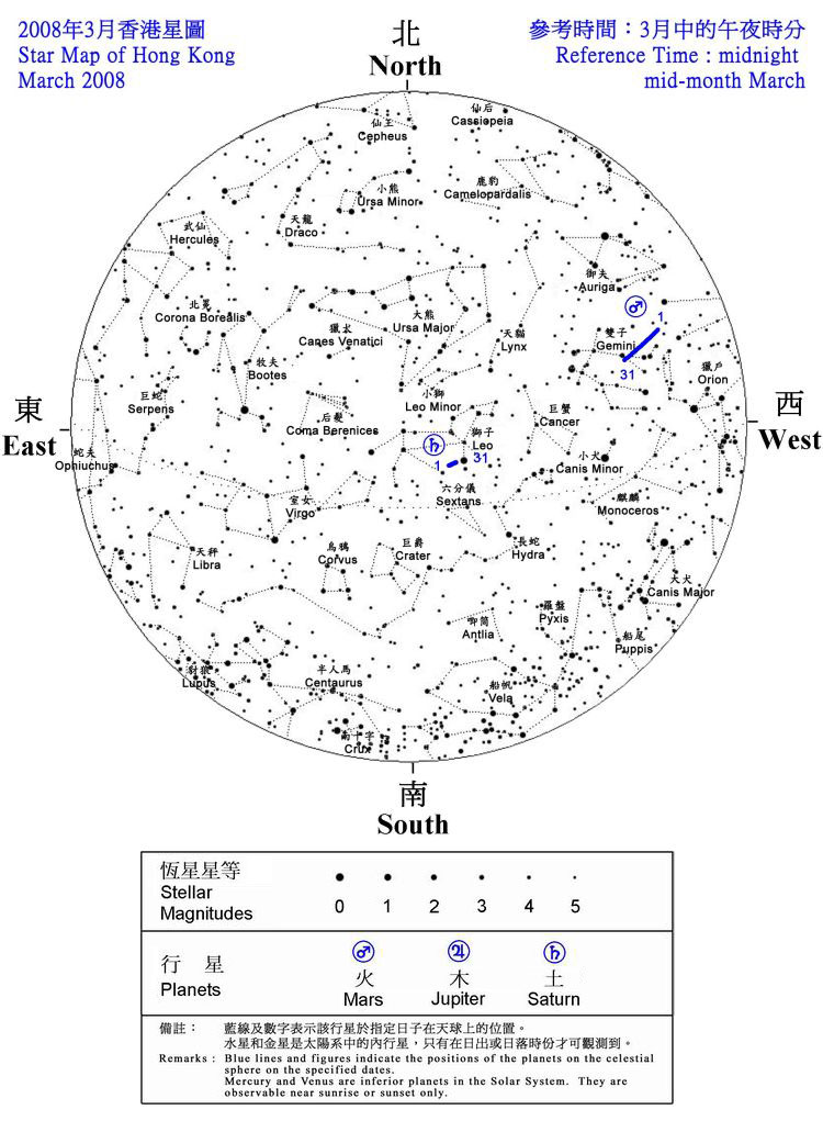2008年香港3月夜空見到的恆星和行星的位置