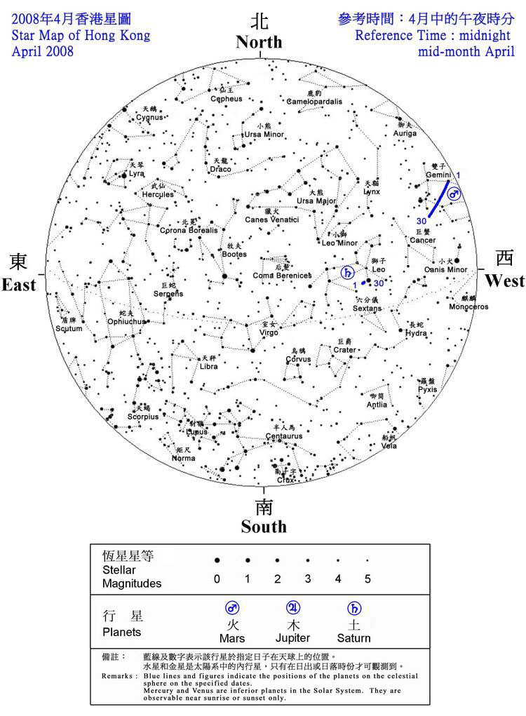 2008年香港4月夜空見到的恆星和行星的位置