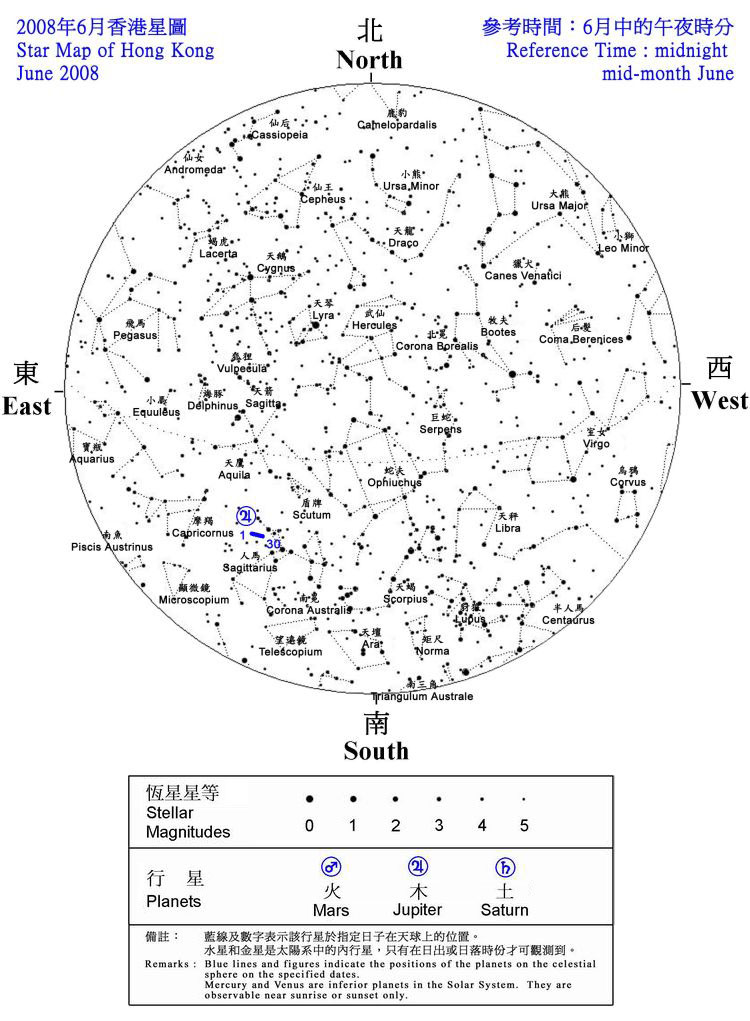 2008年香港6月夜空見到的恆星和行星的位置