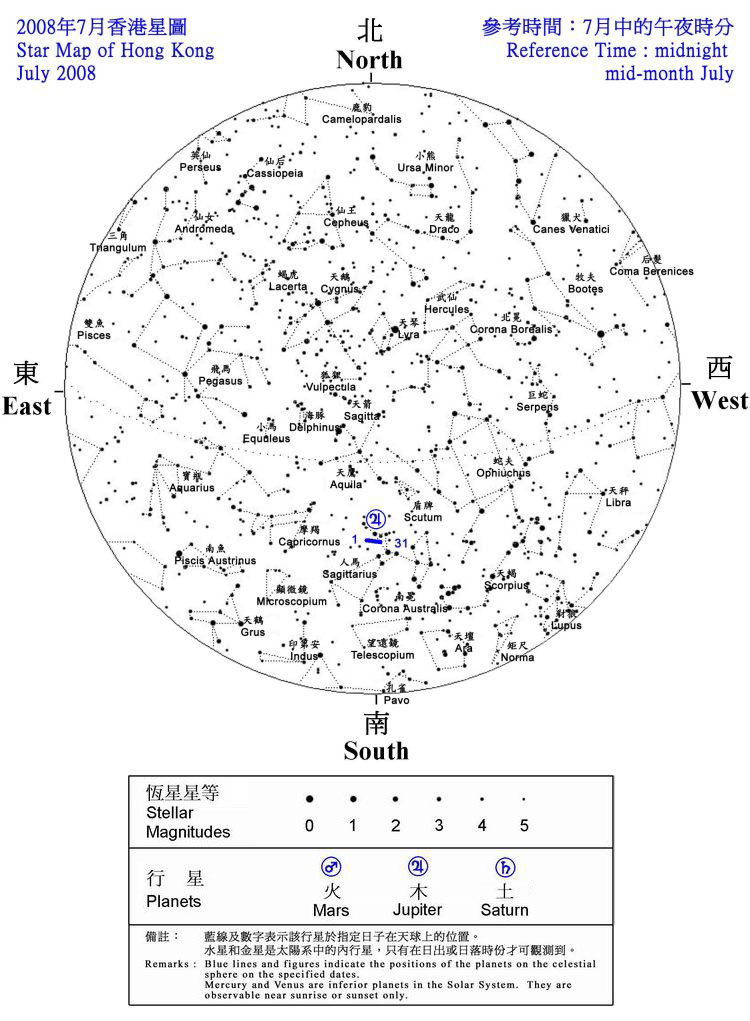 2008年香港7月夜空見到的恆星和行星的位置