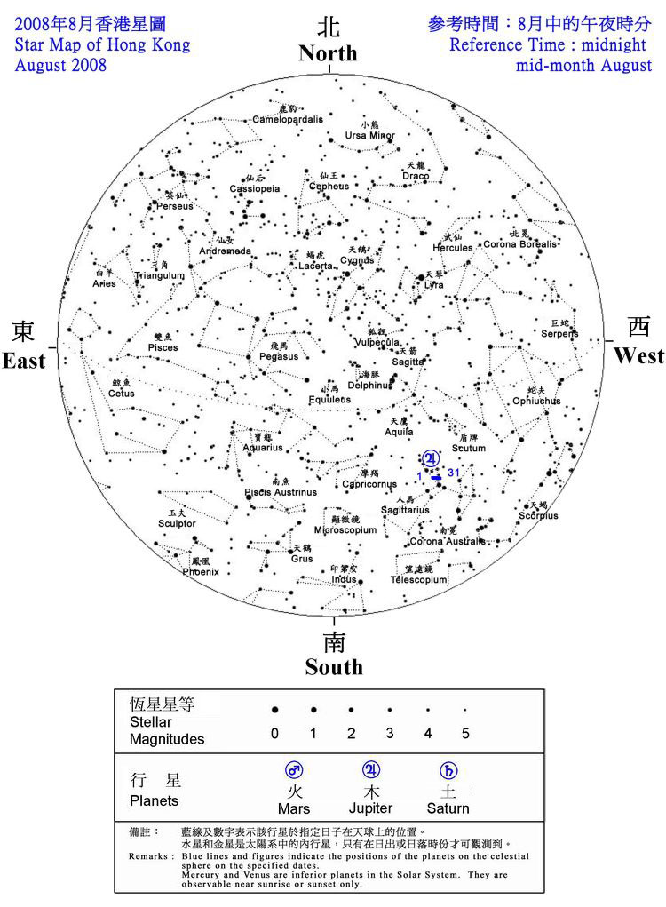 2008年香港8月夜空見到的恆星和行星的位置