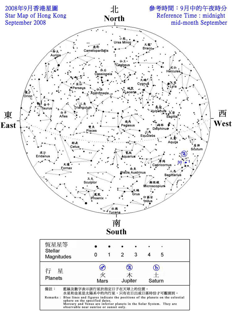 2008年香港9月夜空見到的恆星和行星的位置