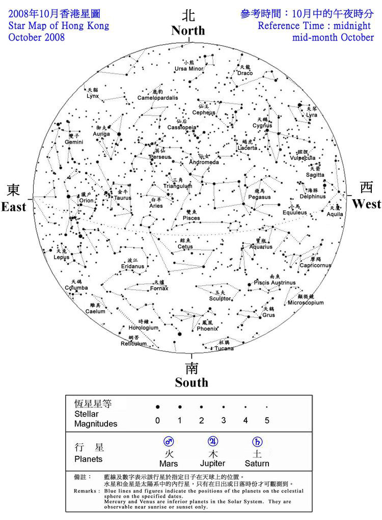 2008年香港10月夜空見到的恆星和行星的位置
