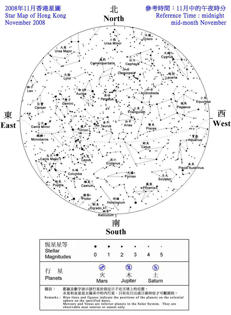 2008年香港11月夜空見到的恆星和行星的位置