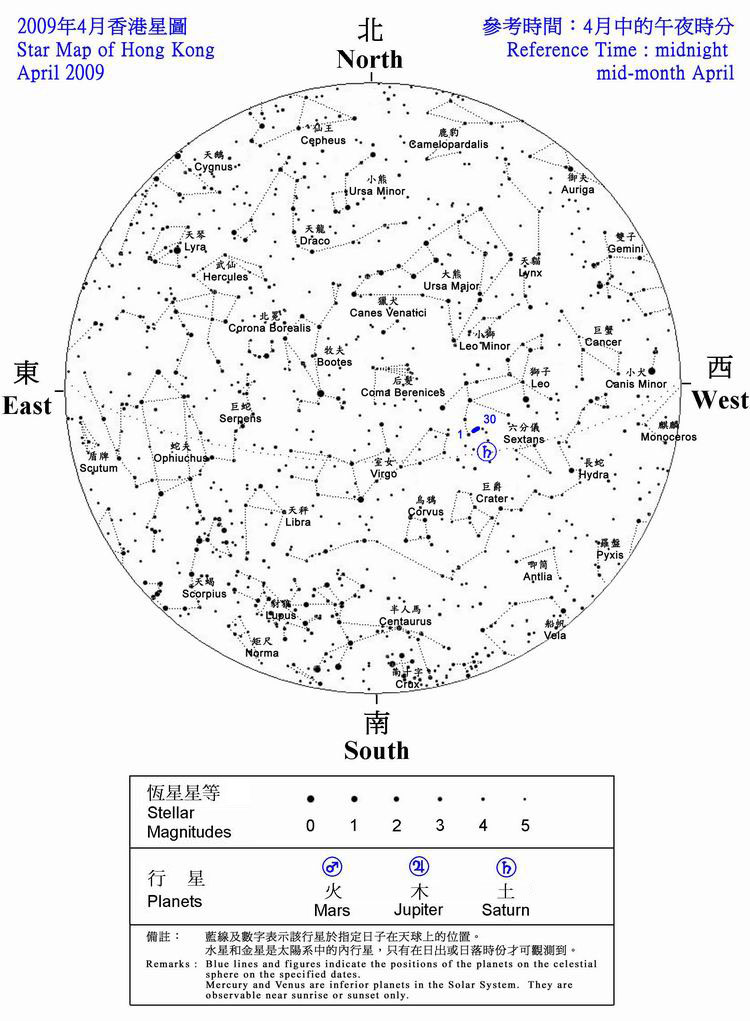 2009年香港4月夜空见到的恒星和行星的位置