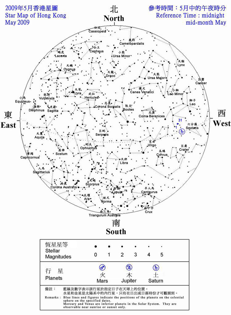 2009年香港5月夜空见到的恒星和行星的位置