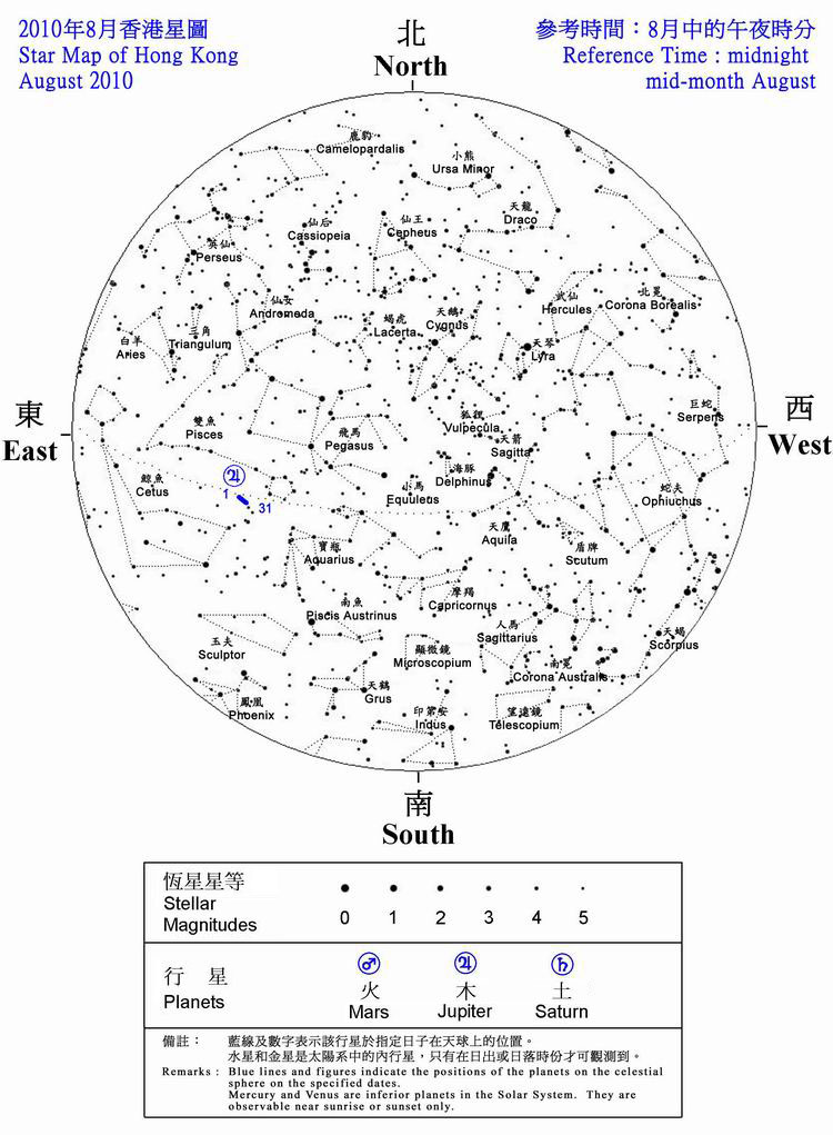 2010年香港8月夜空见到的恒星和行星的位置
