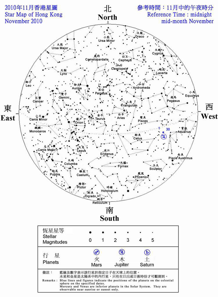2010年香港11月夜空见到的恒星和行星的位置