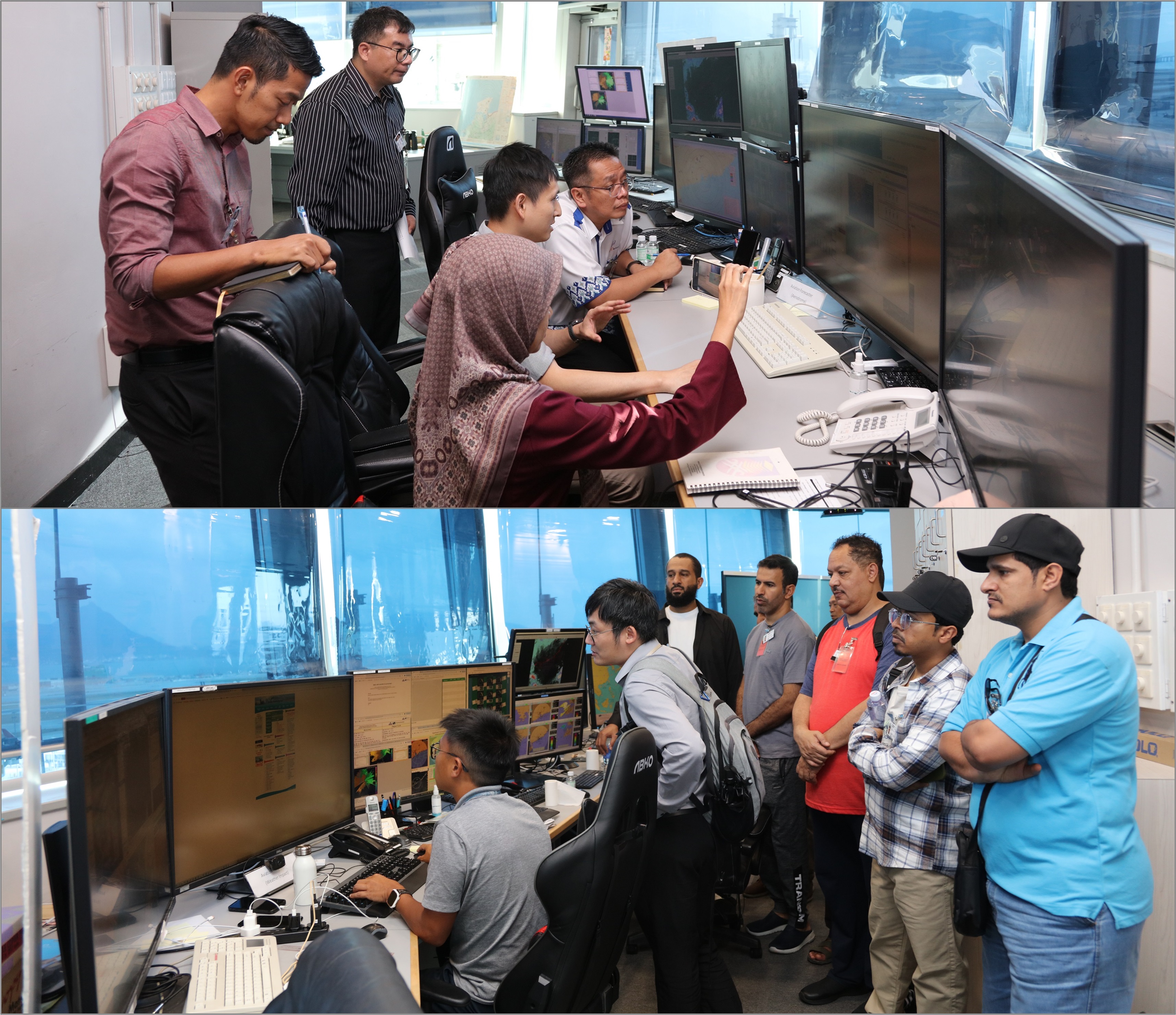 馬來西亞氣象局及阿曼蘇丹國民航局的代表於機場氣象所實習，觀摩天文台航空天氣預報的運作