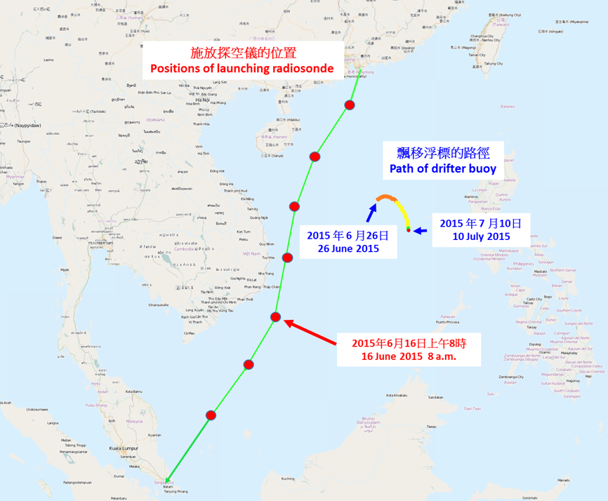 施放探空氣球的位置及飄移浮標在南海的路徑