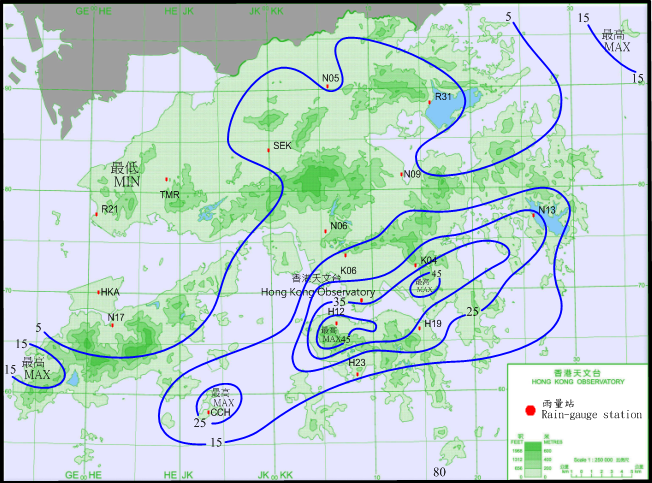 二零一六年十月六日至九日的雨量分布(等雨量线单位为毫米)。