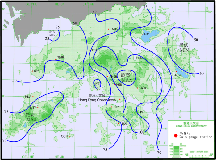 二零一六年八月十七日至十八日的雨量分布(等雨量线单位为毫米)。