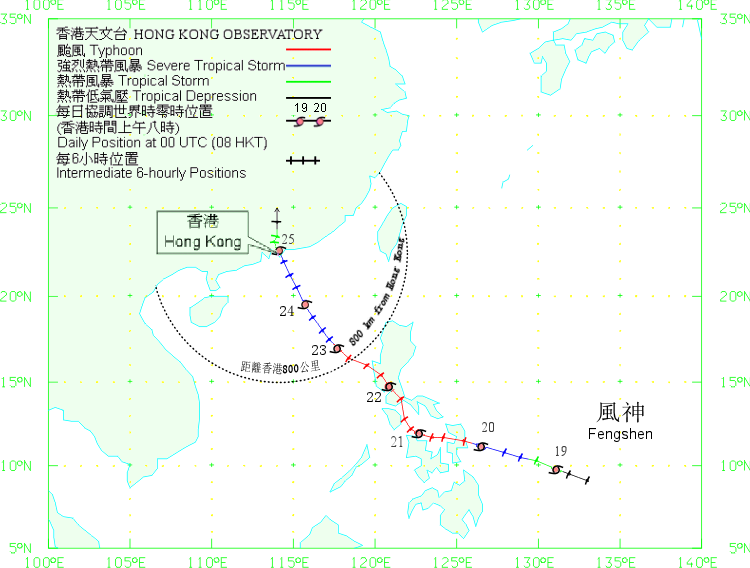 台风风神（0806）在二零零八年六月十八日至二十六日的路径图