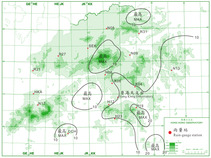二零一四年六月十四日至十五日的雨量分布(等雨量线单位为毫米)。