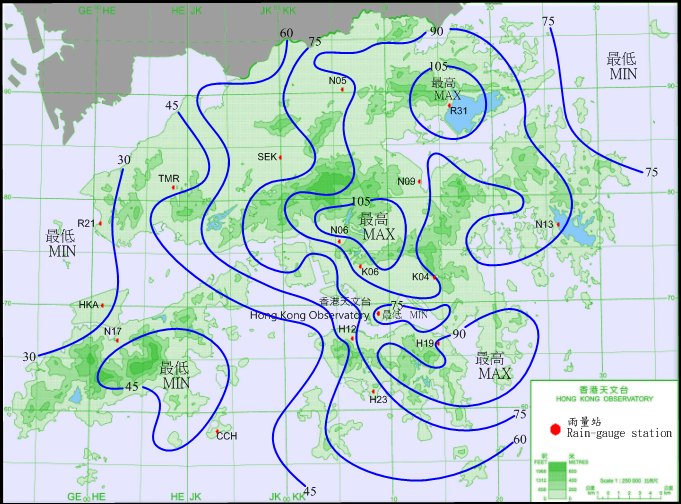 二零一六年十月二十日至二十一日的雨量分布(等雨量线单位为毫米)