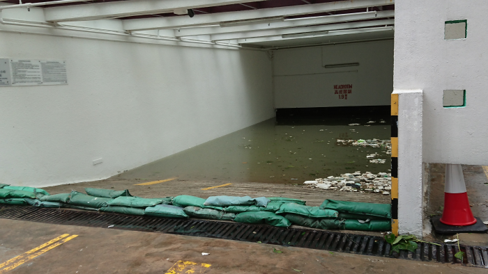 杏花邨有地下停车场完全被海水淹浸，多辆汽车被淹没。
