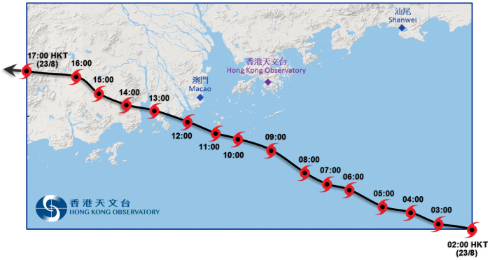 天鸽接近香港时的路径图