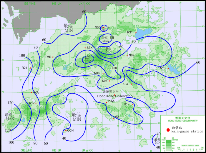 二零一七年八月二十二日至二十四日的雨量分佈(等雨量線單位為毫米)