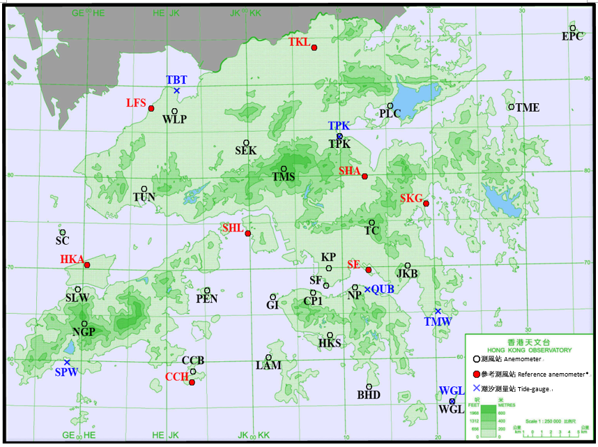 報告內提及的測風站及潮汐測量站之分佈地點