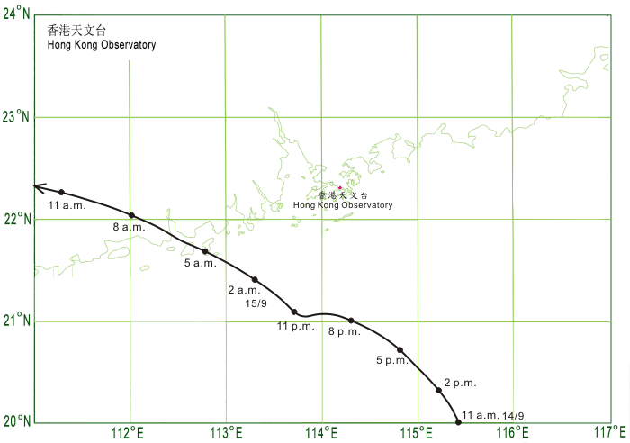 巨爵（0915）接近香港時的路徑圖。