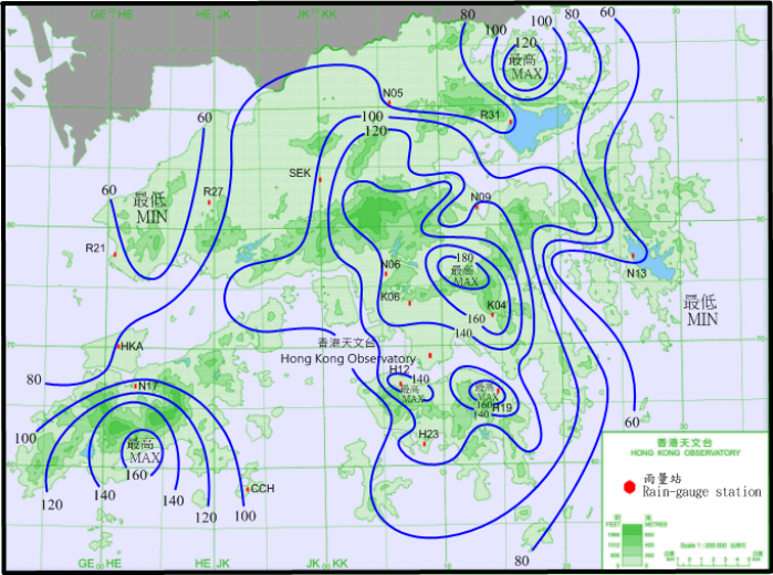 二零一五年六月二十一日至二十三日的雨量分布(等雨量线单位为毫米)。
