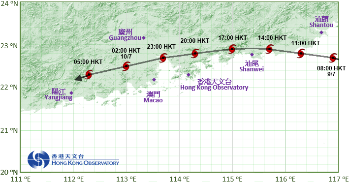 蓮花 (1510) 接近香港時的路徑圖。